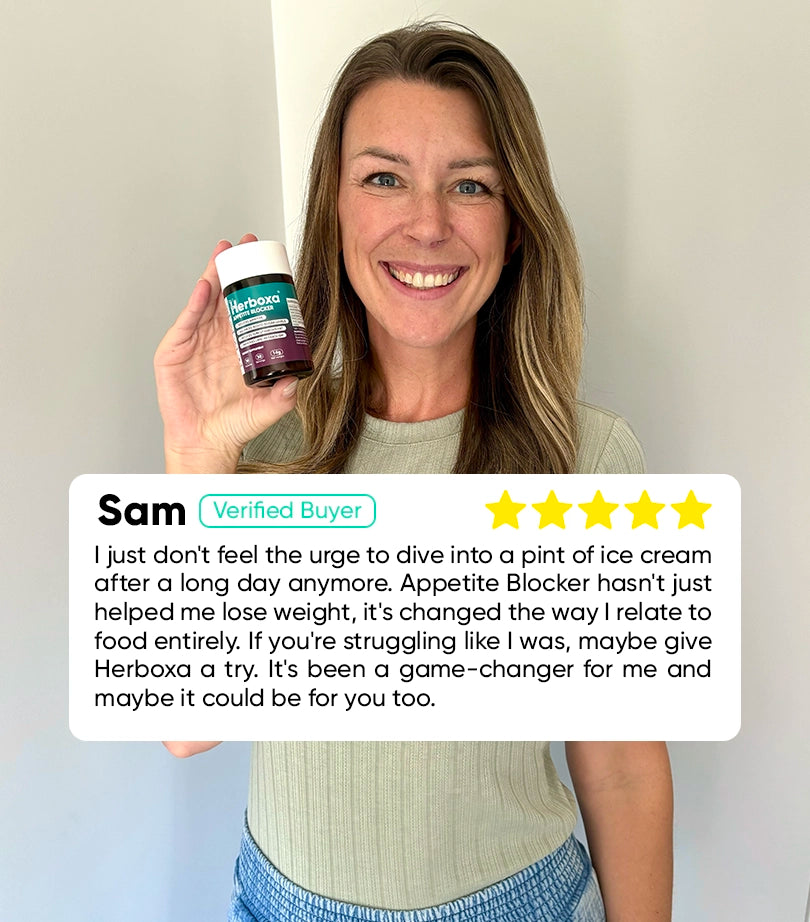 Herboxa Appetite Blocker product review: "I just don't feel the urge to dive into a pint of ice cream after a long day anymore. Appetite Blocker hasn't just helped me lose weight, it's changed the way I relate to food entirely. If you're struggling like I